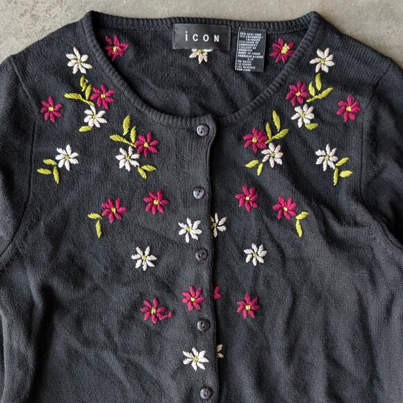 Vintage Icon Black Silk Cashmere Knit Floral Embroidered Cardigan Sweater small - Picture 2 of 6